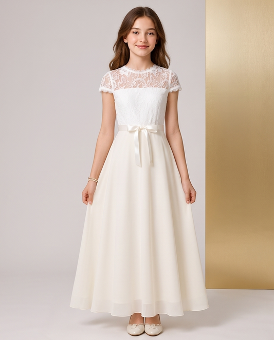 A young girl models a long white formal dress with a lace yoke, short cap sleeves, and a matching satin waist bow, standing against a split light gray and gold studio background.