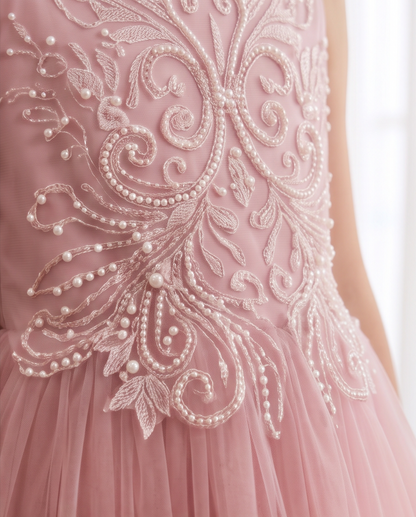Elegant Dusty Pink Tulle Flower Girl Dress for Girls