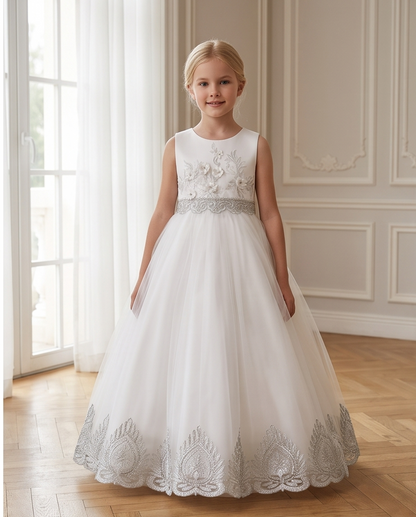 Vivienne Lace Flower Girl Dress for Girls | White & Grey Formal Dress