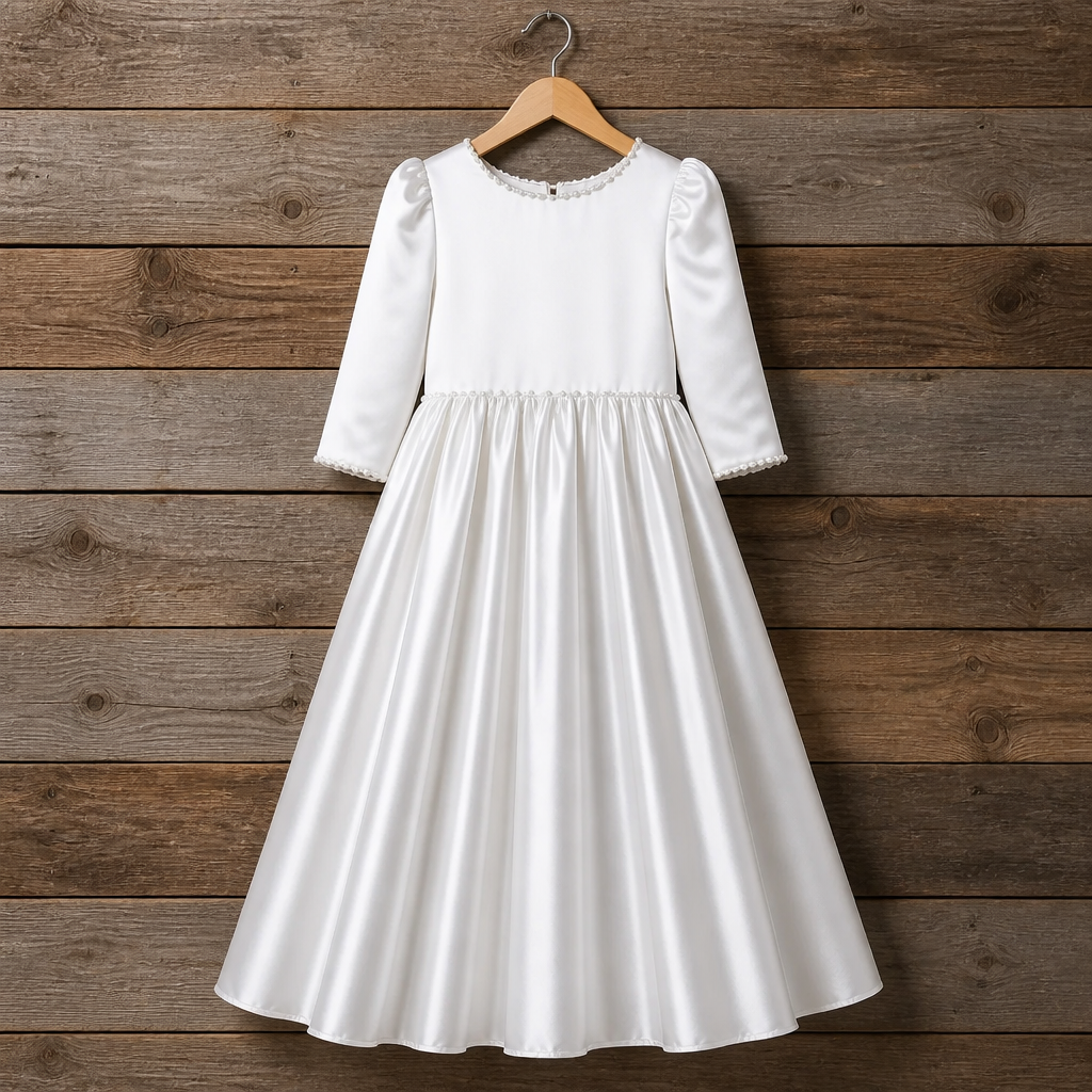 girl wearing white satin 3/4 dress