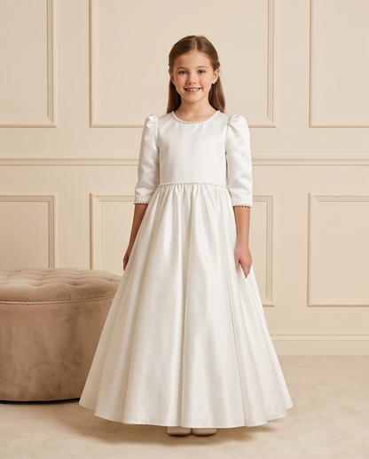girl wearing white satin 3/4 dress