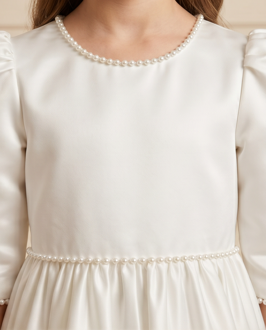 girl wearing white satin 3/4 dress