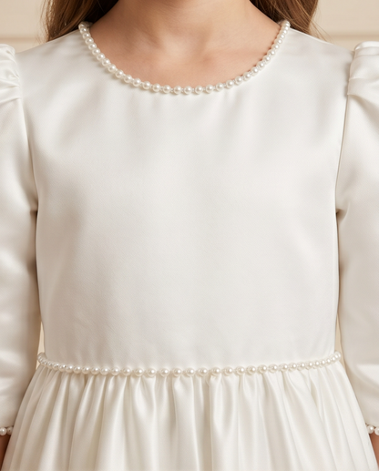 girl wearing white satin 3/4 dress