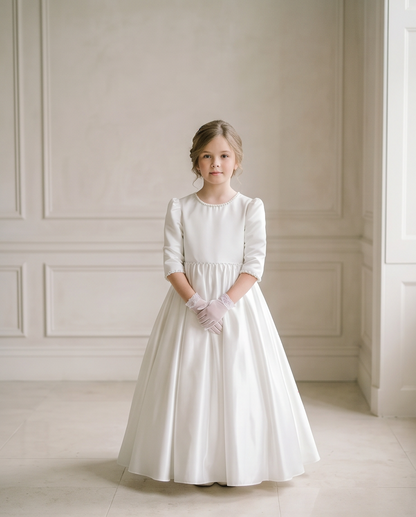 girl wearing white satin 3/4 dress