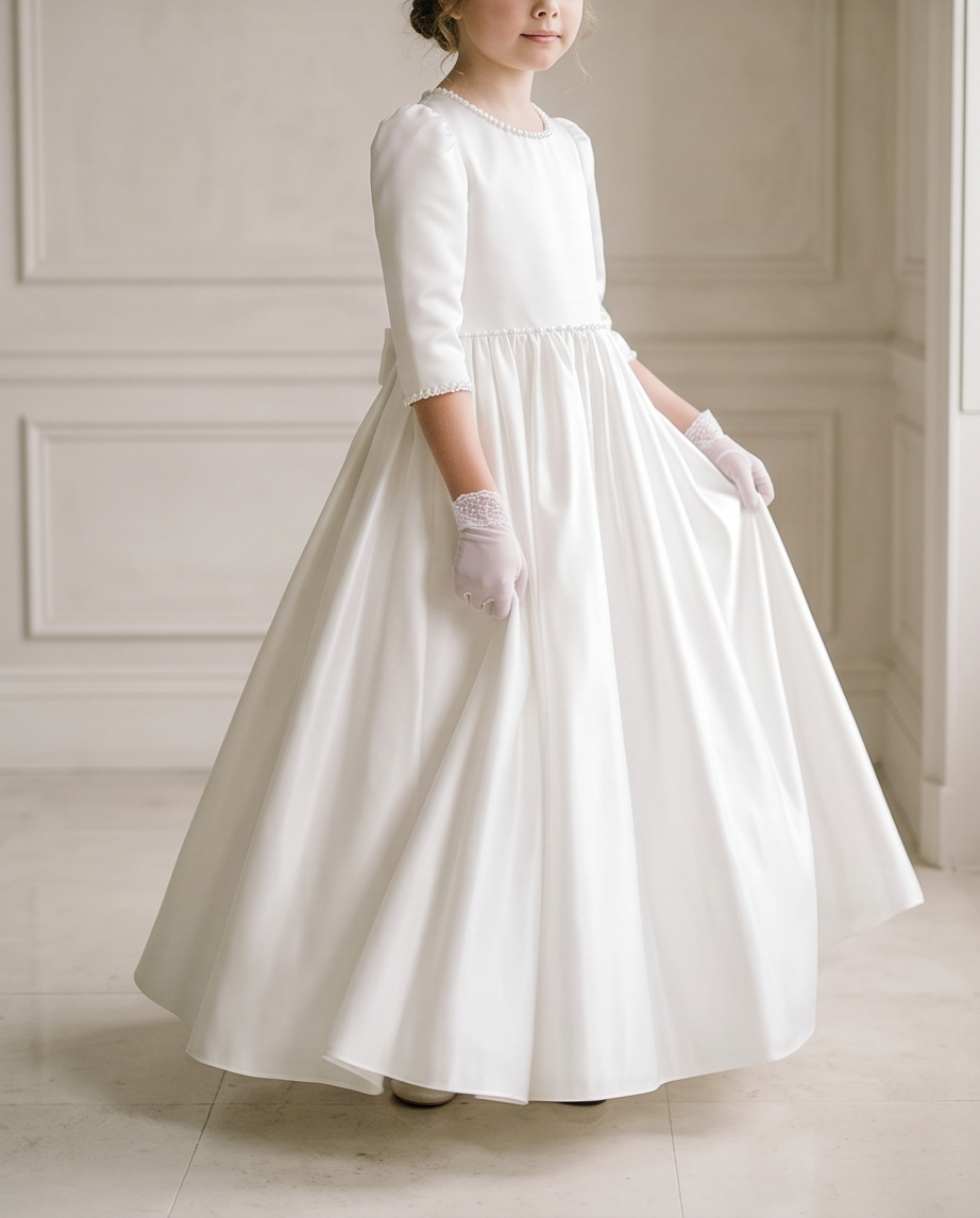 girl wearing white satin 3/4 dress