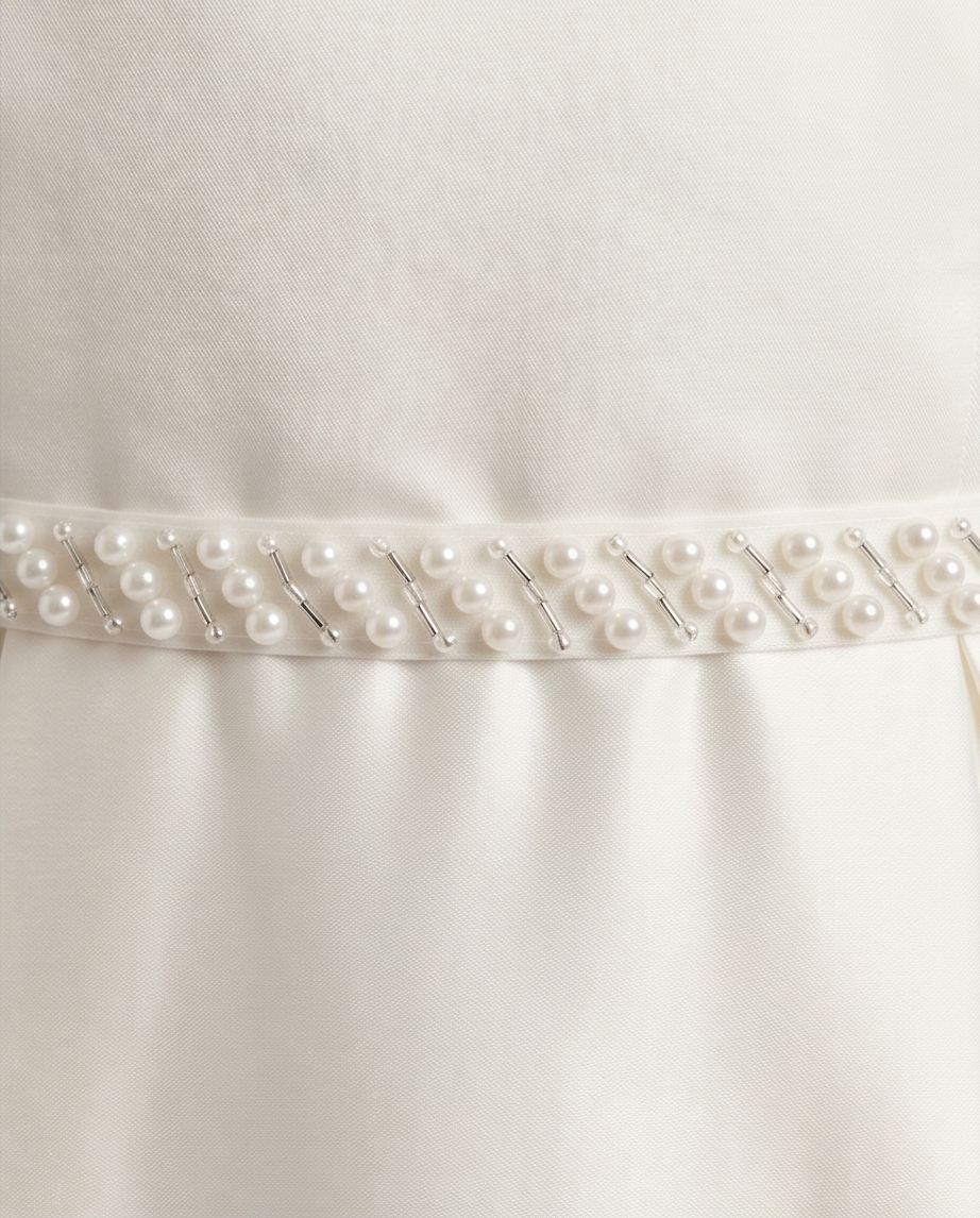 Close-up of a white satin fabric with a row of pearls on a plain background