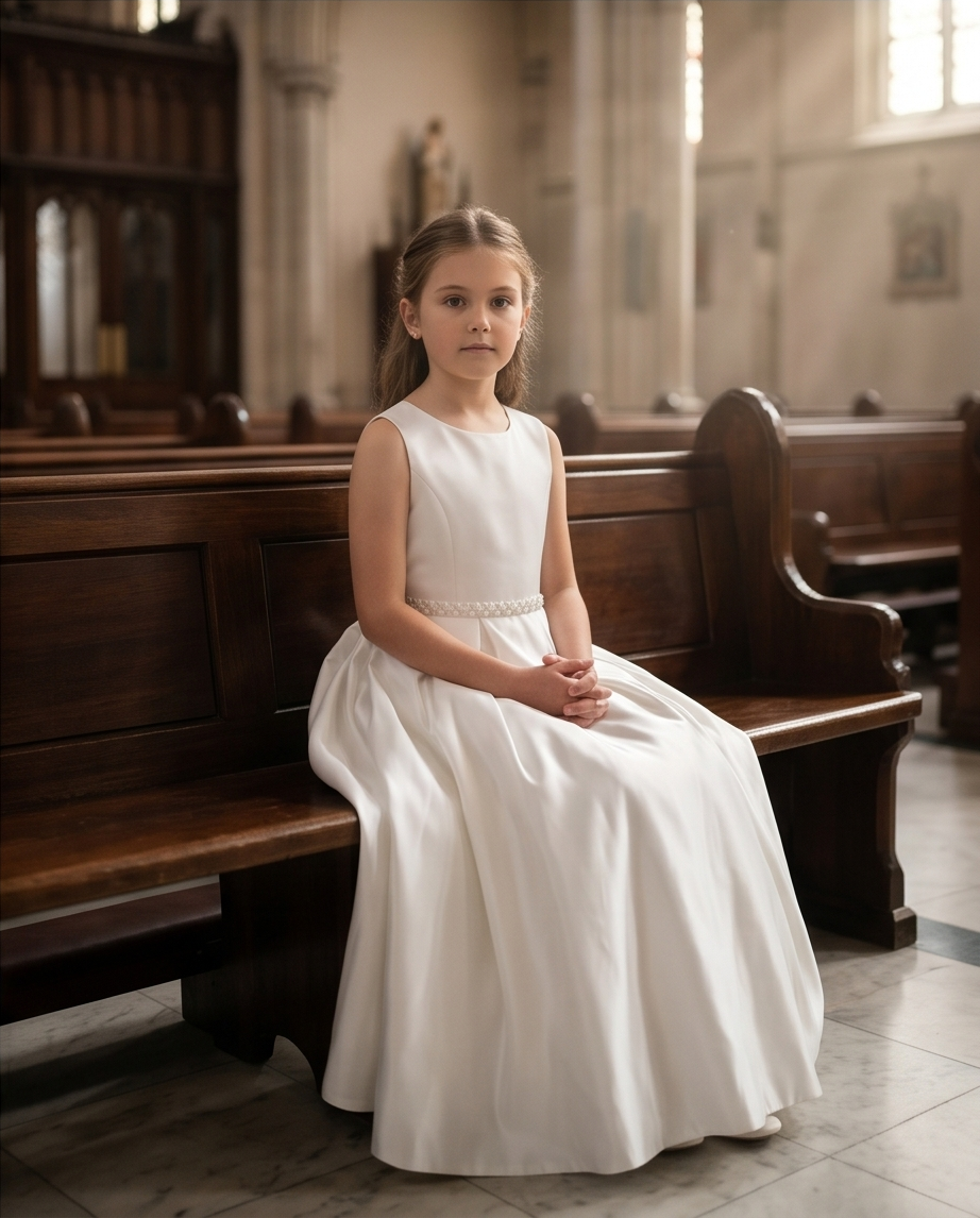 Young girl in a white dress sitting on a wooden pew in a church.
