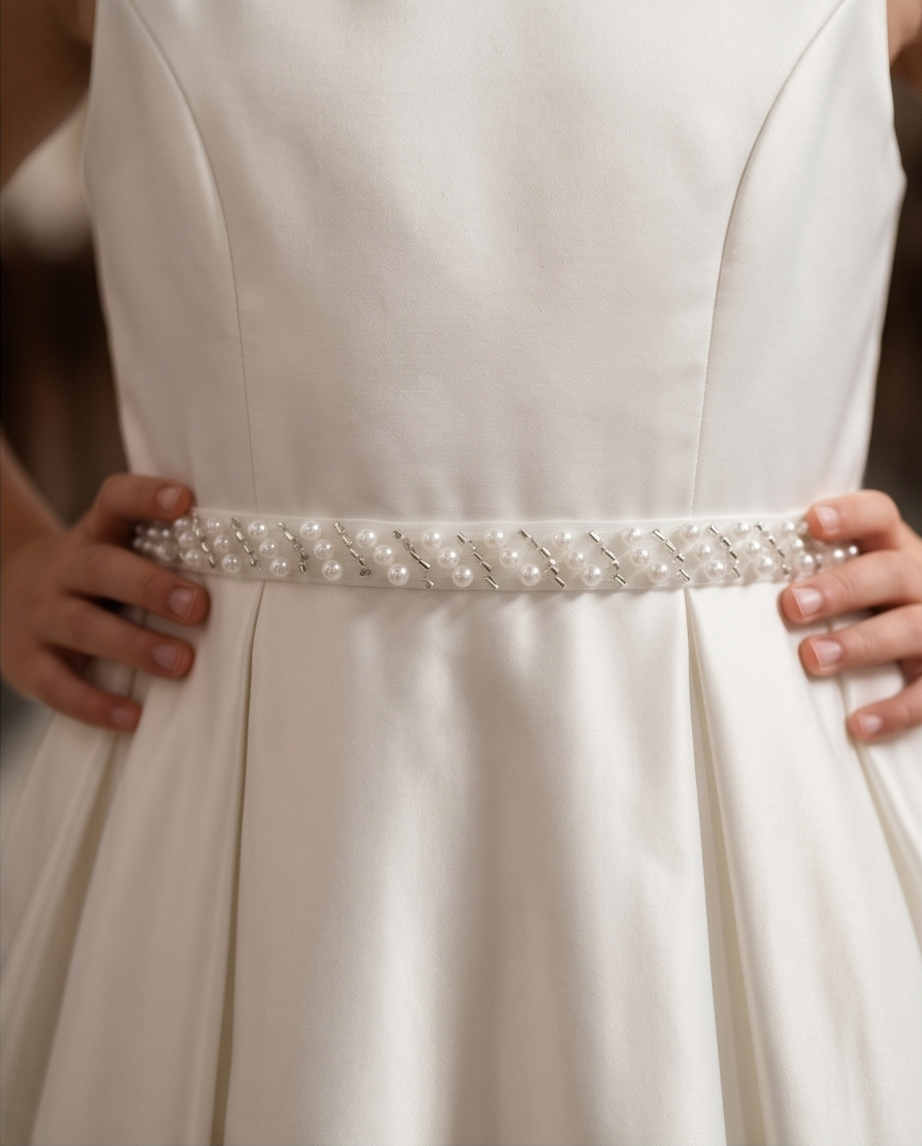 White dress with a decorative belt held by hands