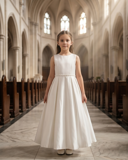 Young girl in a white dress standing in a cathedral