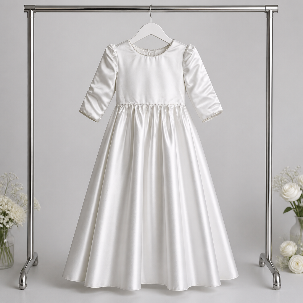 White satin dress on a hanger against a gray background
