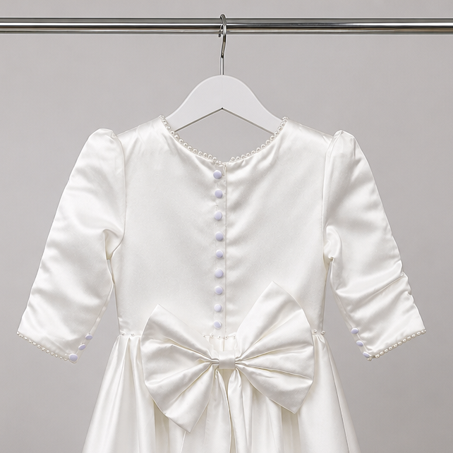 White dress with a bow on a hanger against a gray background