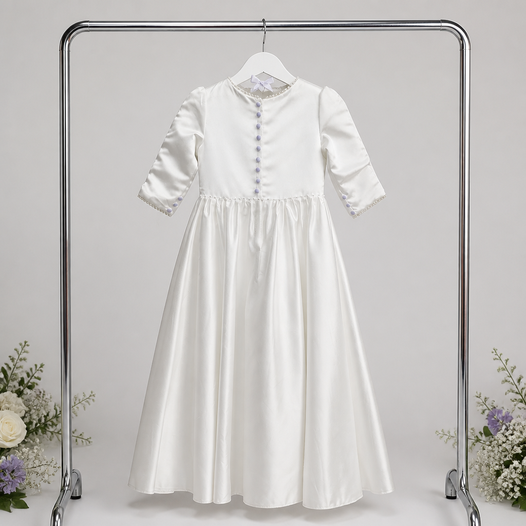 White dress on a hanger with a gray background