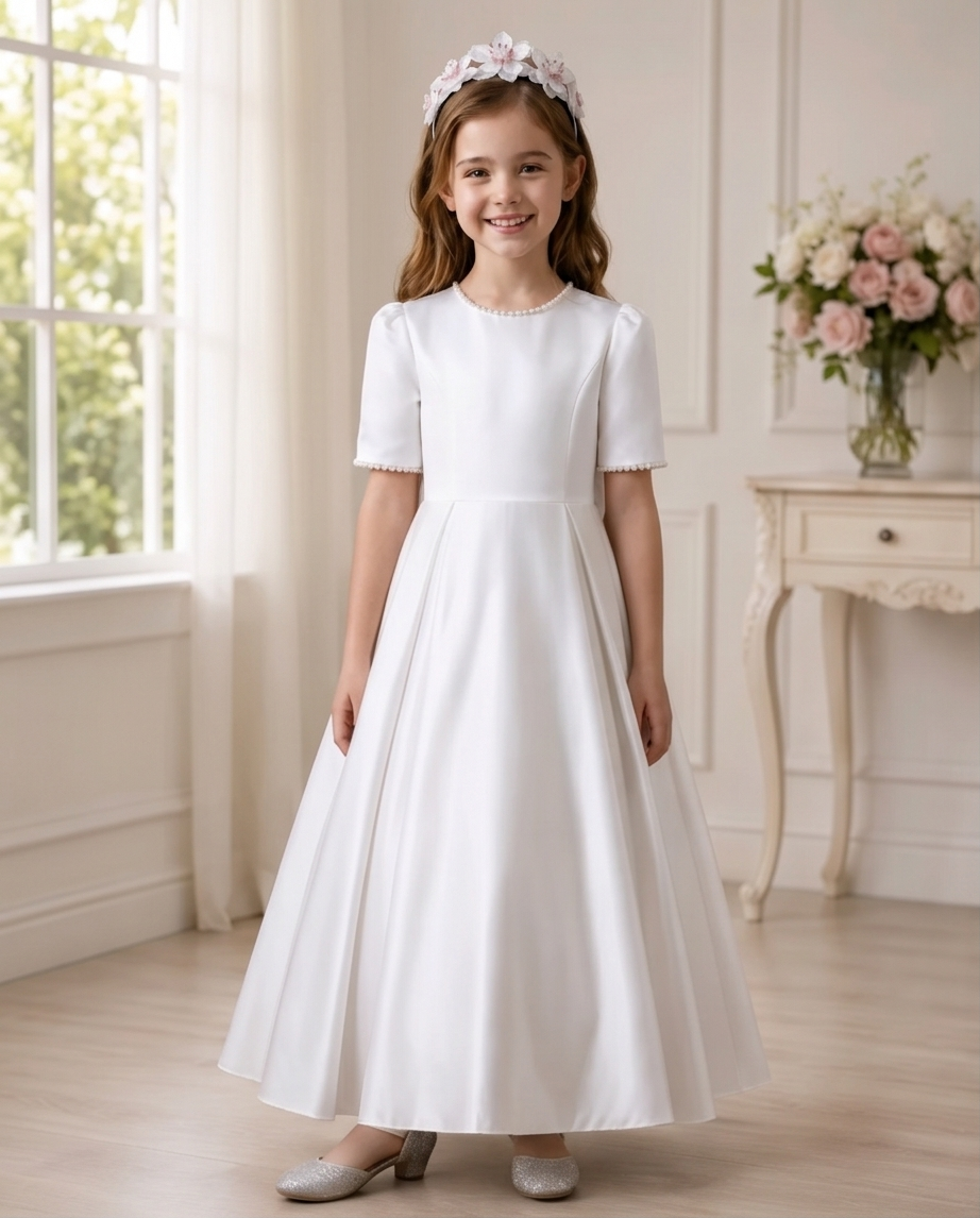 Young girl in a white dress standing in a bright room with a window and flowers.