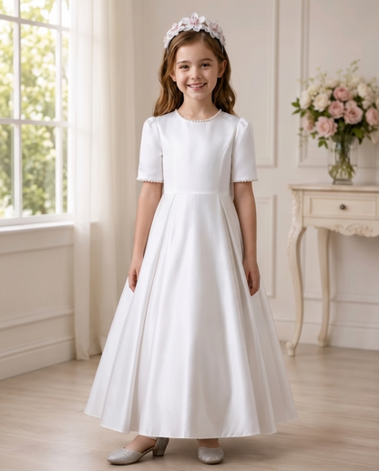 Young girl in a white dress standing in a bright room with a window and flowers.