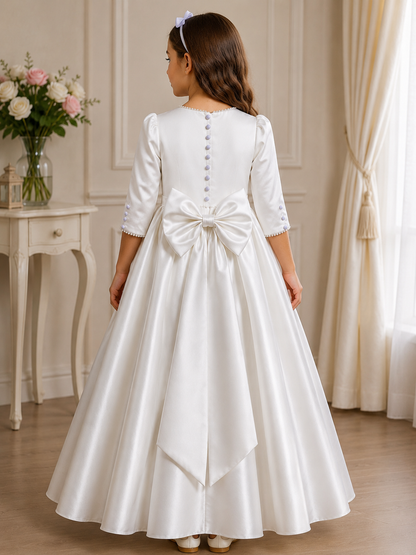 Girls Satin Communion Dress with Removable Bow | White First Holy Communion Dress | Flower Girl Dress | Vinam Boutique