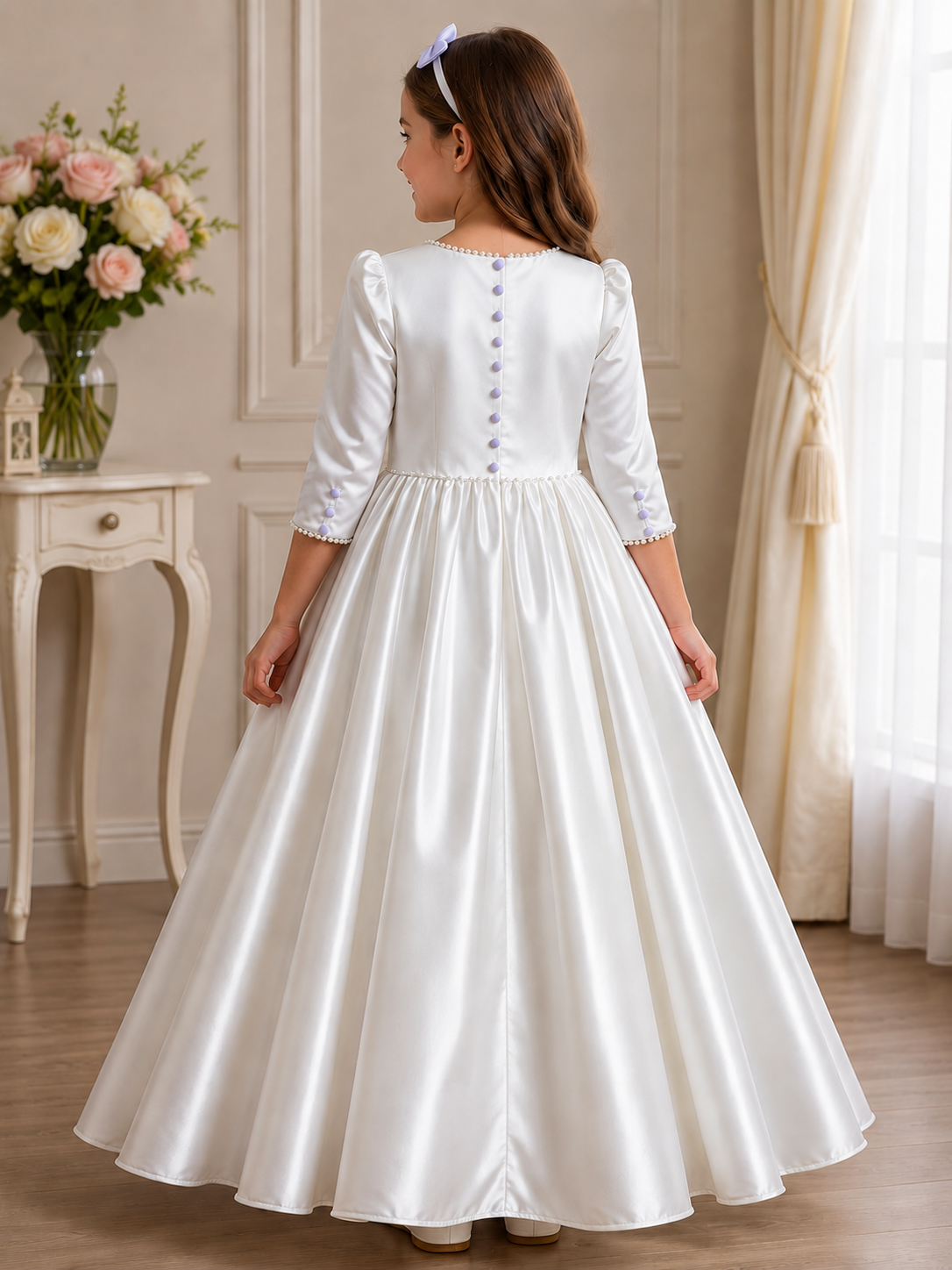 Girls Satin Communion Dress with Removable Bow | White First Holy Communion Dress | Flower Girl Dress | Vinam Boutique