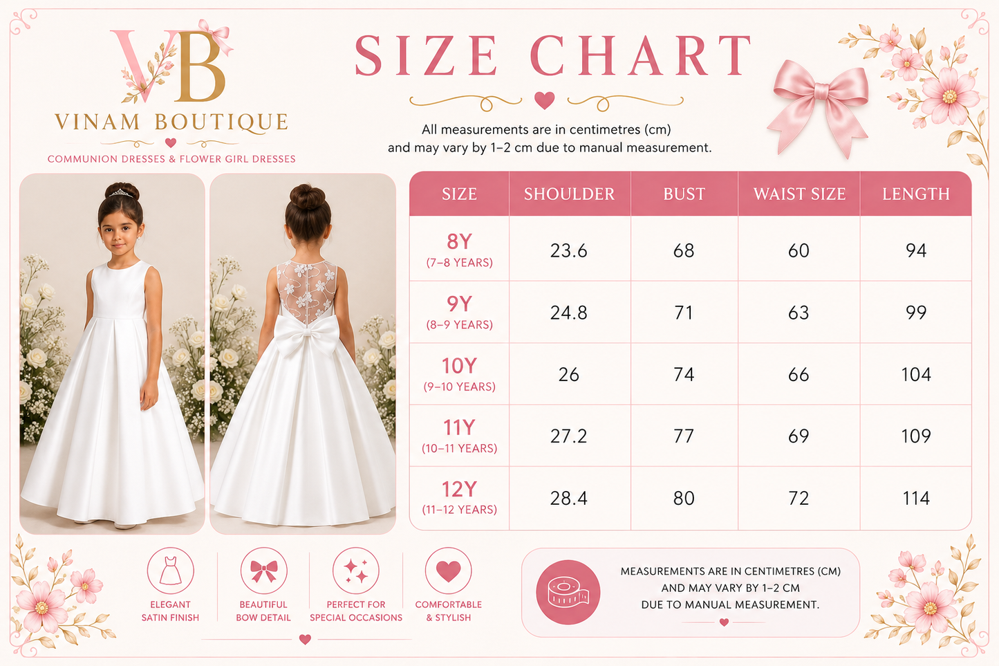 A size chart graphic for Vinam Boutique girls' dresses, featuring a size table with measurements in centimeters for sizes 8Y to 12Y, alongside photos of young girls wearing white sleeveless ballgowns from the front and back.