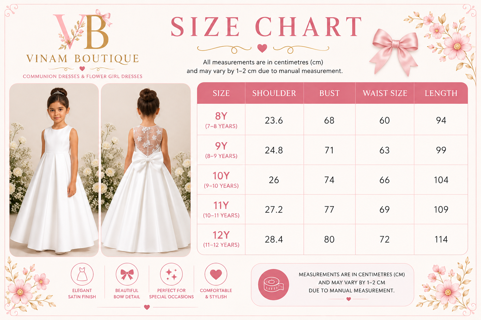A size chart graphic for Vinam Boutique girls' dresses, featuring a size table with measurements in centimeters for sizes 8Y to 12Y, alongside photos of young girls wearing white sleeveless ballgowns from the front and back.