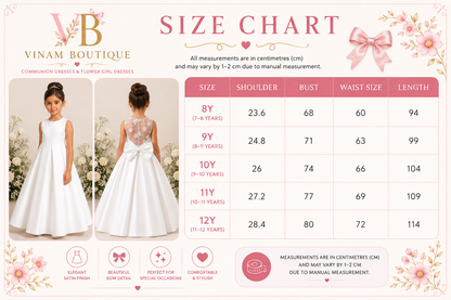 A size chart graphic for Vinam Boutique girls' dresses, featuring a size table with measurements in centimeters for sizes 8Y to 12Y, alongside photos of young girls wearing white sleeveless ballgowns from the front and back.