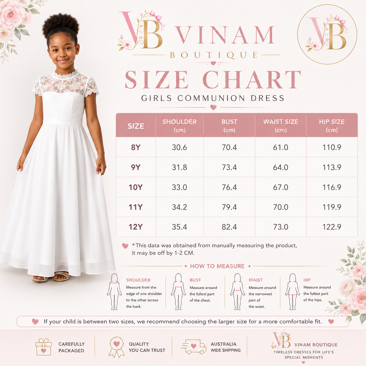 A size chart graphic for a girls' communion dress by Vinam Boutique, featuring a young girl modeling a white dress on the left and a size table with measurements from 8Y to 12Y on the right.