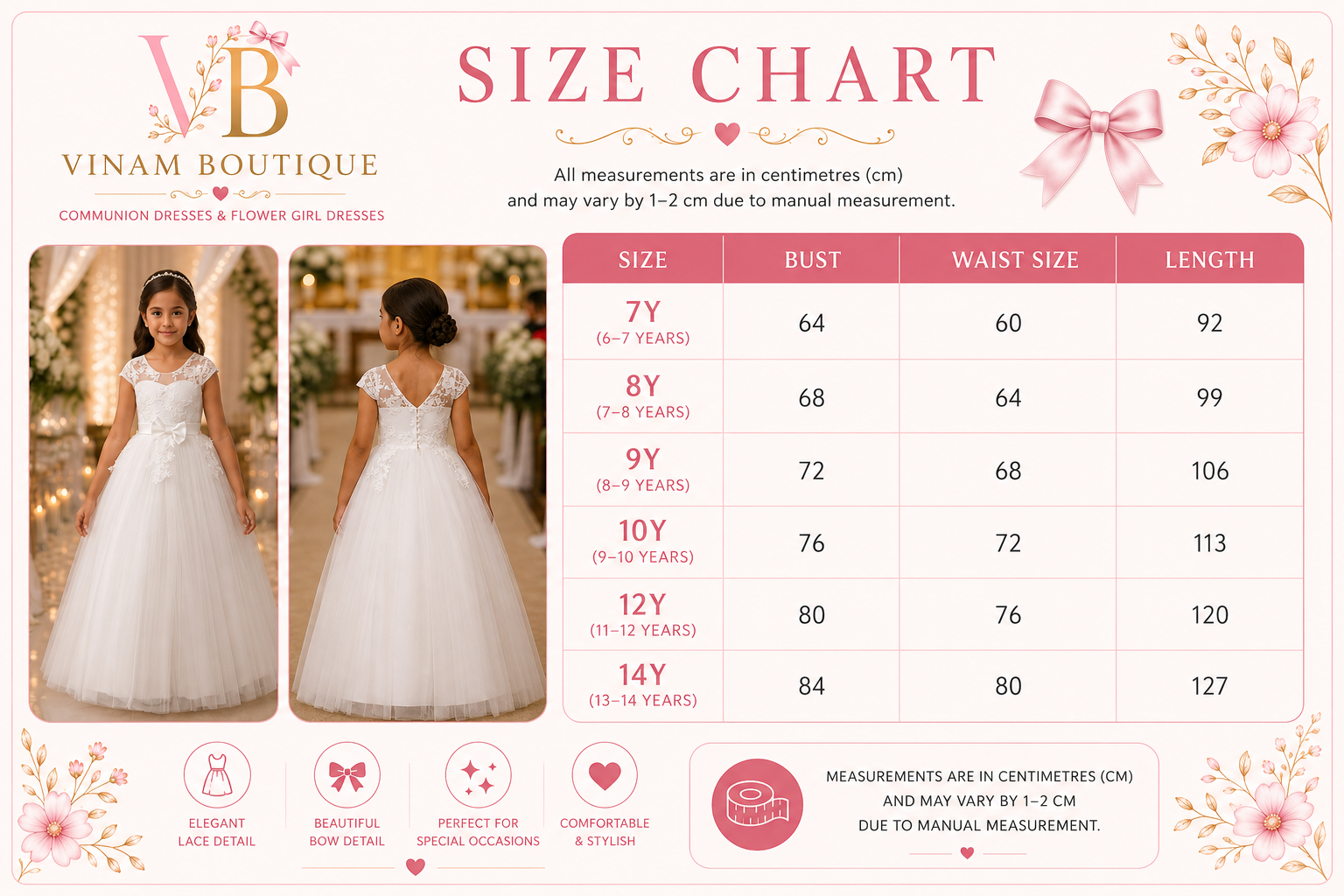 A size chart infographic for Vinam Boutique dress, featuring a size table with measurements for sizes 7Y to 14Y, alongside before-and-after photos of a model wearing a white lace dress.