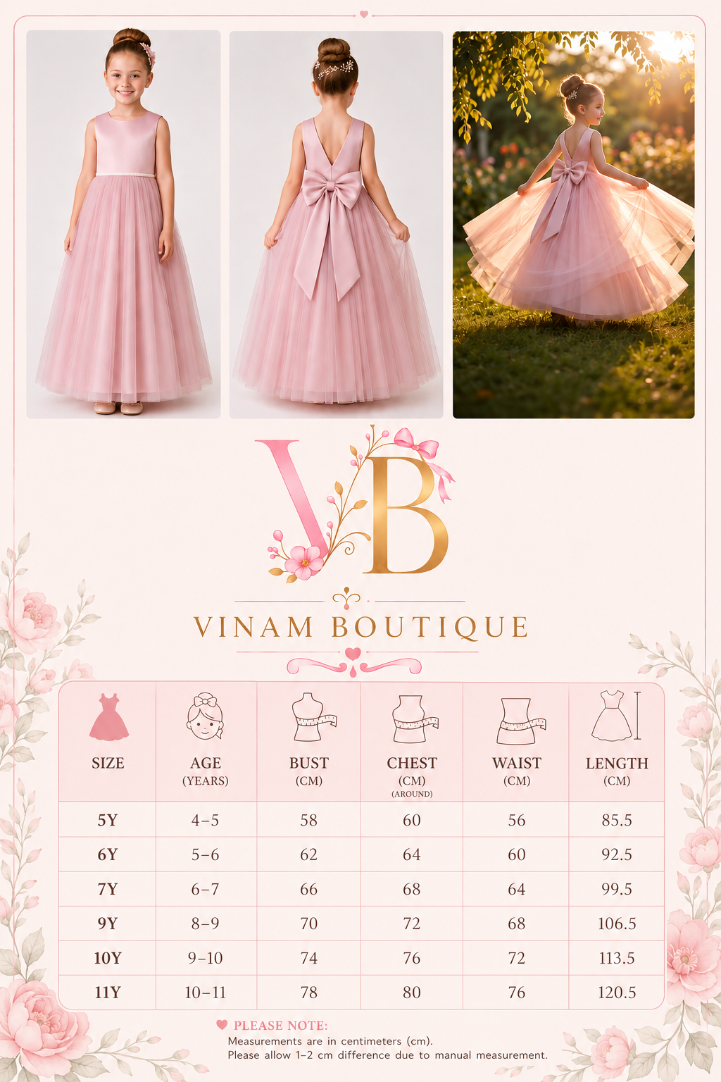 A size chart and fit guide for a pink girls' dress by Vinam Boutique, showing front and back views of a young girl wearing the dress, a lifestyle photo of the dress outdoors, and a measurement table with age, bust, chest, waist, and length measurements.