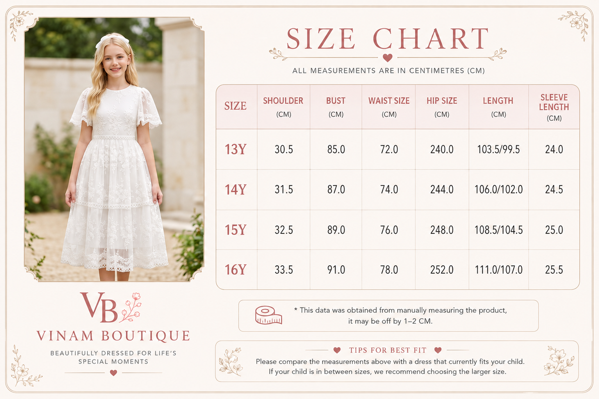 A size chart graphic for Vinam Boutique dress sizes, featuring a model wearing a white dress on the left and a detailed size table on the right with measurements in centimeters for sizes 13Y to 16Y.