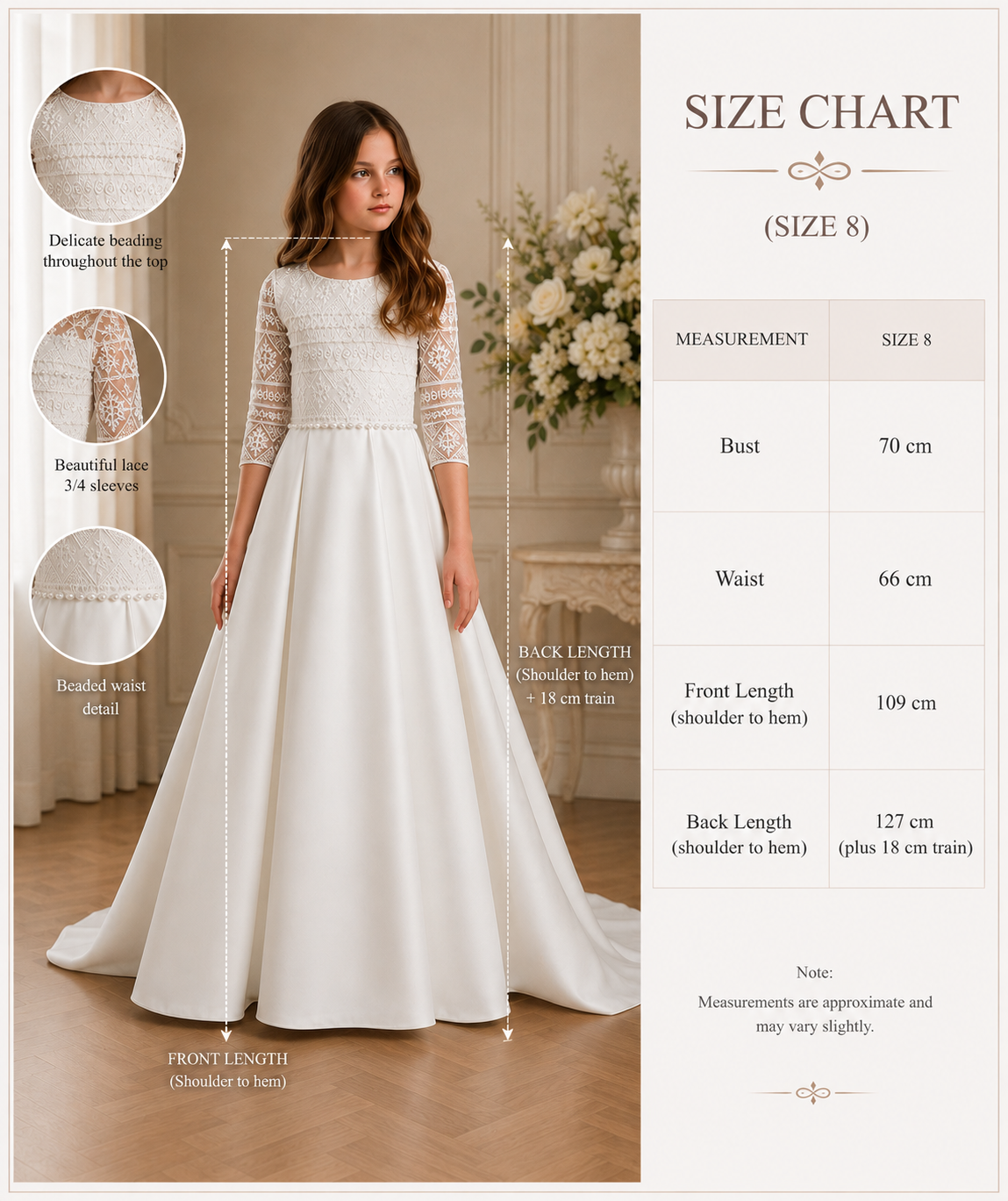 size chart  Front view of girl wearing a white bridal satin dress 