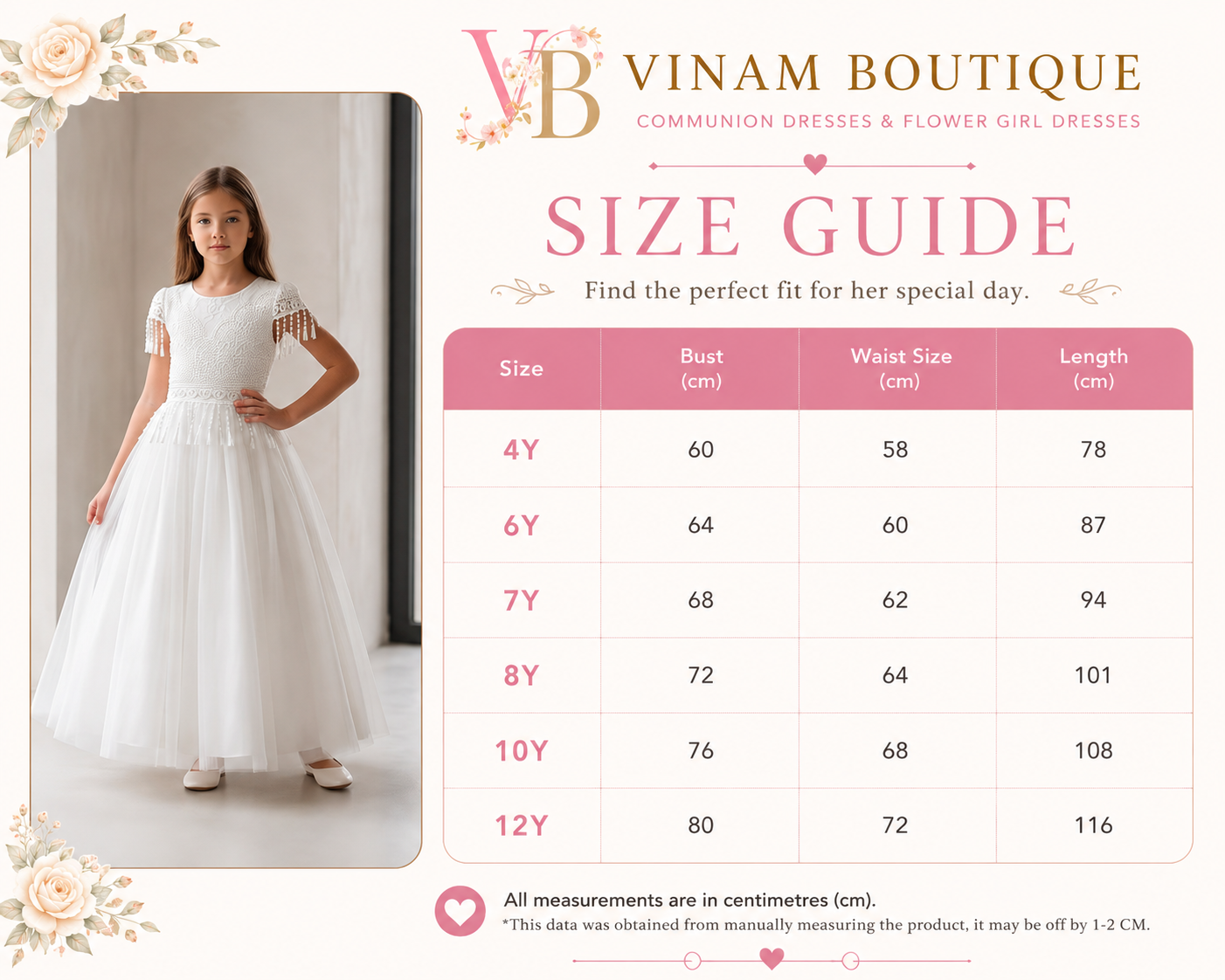 A size guide chart for Vinam Boutique communion and flower girl dresses, featuring a model wearing a white dress on the left and a pink measurement table on the right with height and weight columns for sizes 4Y to 12Y.