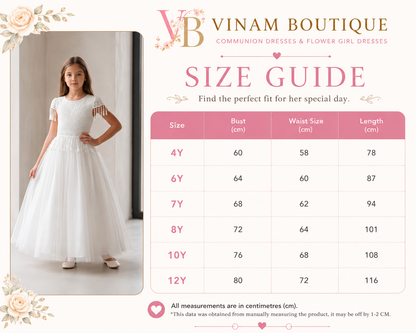 A size guide chart for Vinam Boutique communion and flower girl dresses, featuring a model wearing a white dress on the left and a pink measurement table on the right with height and weight columns for sizes 4Y to 12Y.