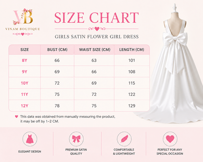 A size chart graphic for a girls satin flower girl dress by Vinam Boutique. The left side features a size table from 8Y to 12Y with bust, waist size, and length measurements.