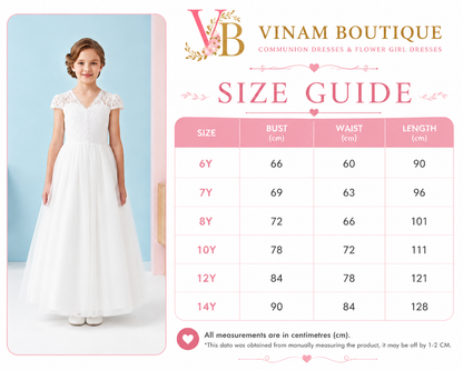 A size guide chart for Vinam Boutique communion dresses, featuring a young girl modeling a white A-line dress on the left and a size table on the right with measurements in centimeters for sizes 6Y to 14Y.