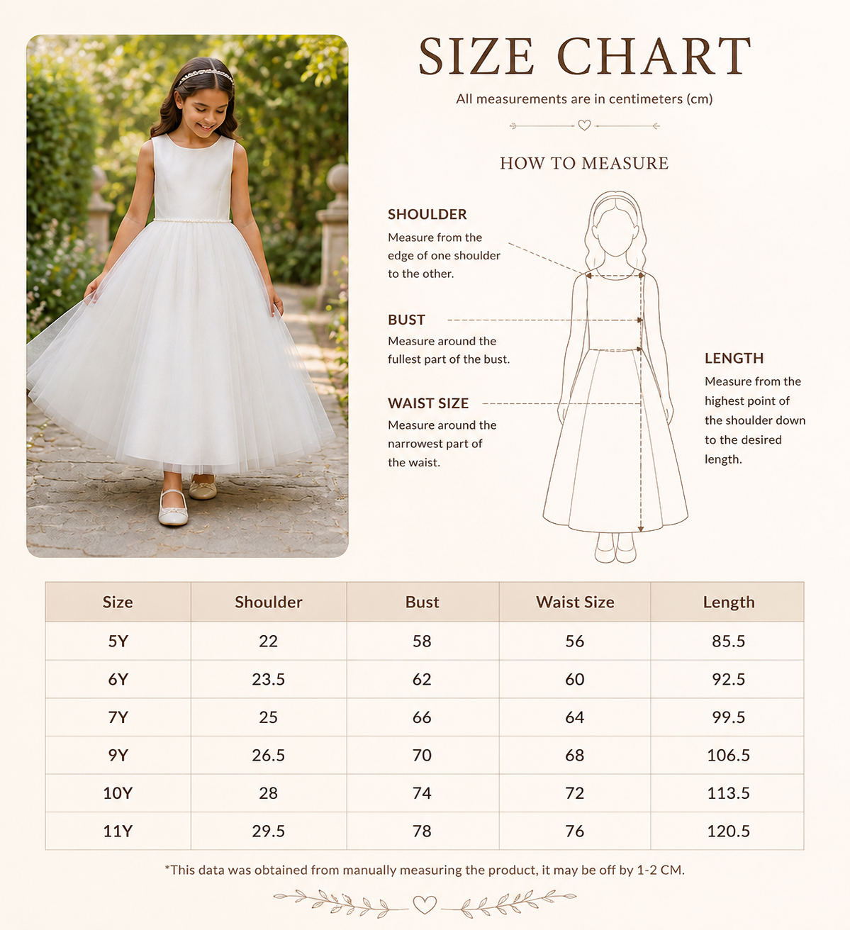 Size chart for a children's white dress with measurement guide and sample image of a child wearing the dress.
