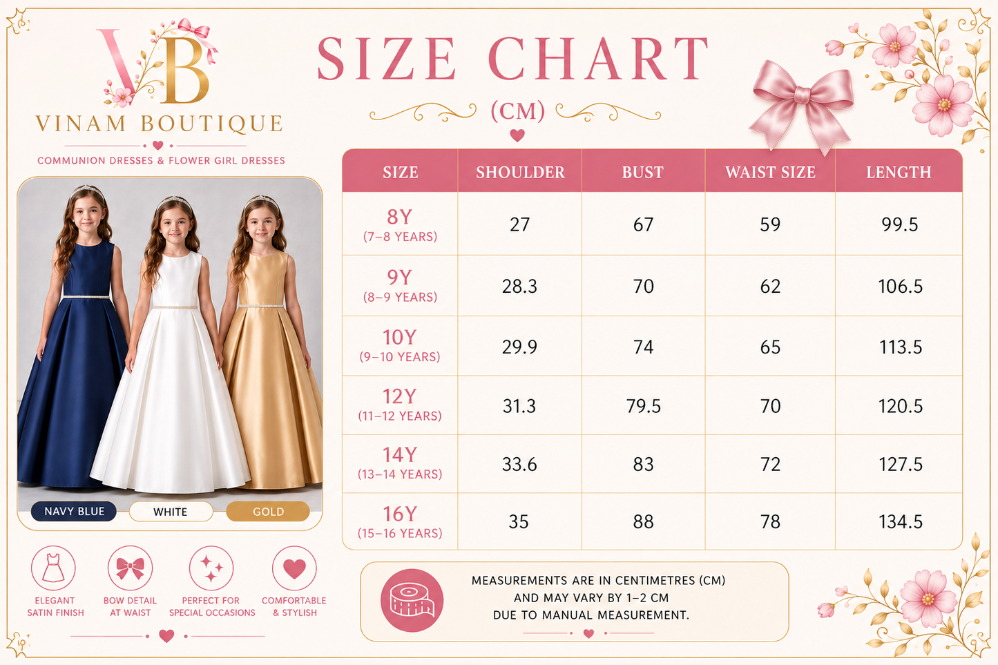 A size chart graphic for Vinam Boutique women's floral girl dresses, showing a size table in centimeters alongside three model photos of the dresses in navy blue, white, and gold.