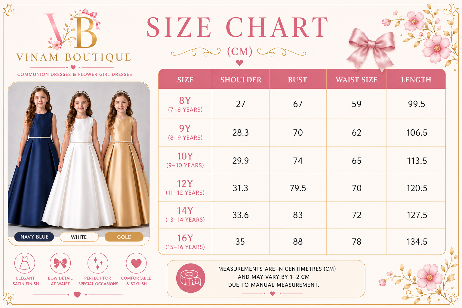 A size chart graphic for Vinam Boutique women's floral girl dresses, showing a size table in centimeters alongside three model photos of the dresses in navy blue, white, and gold.
