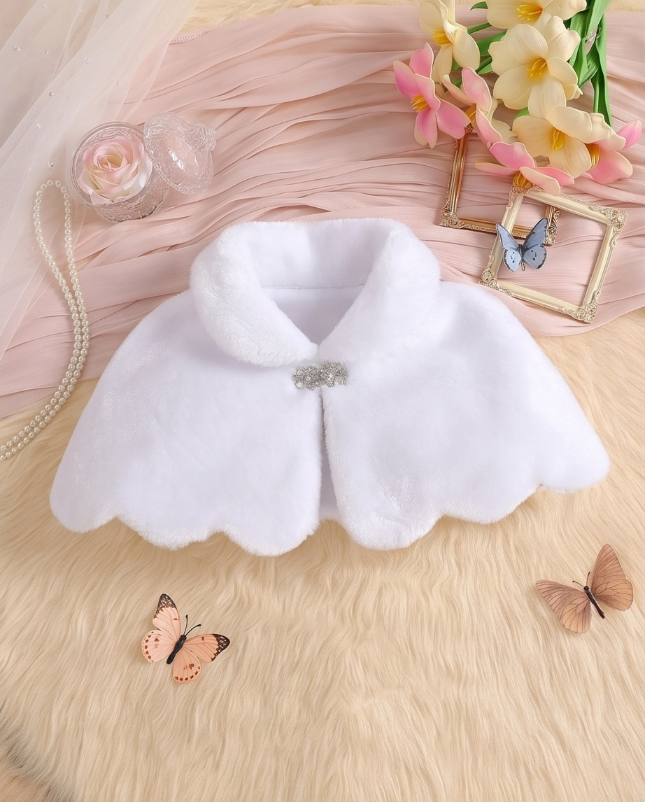 White decorative collar with a brooch on a soft pink fabric background with flowers and butterflies.