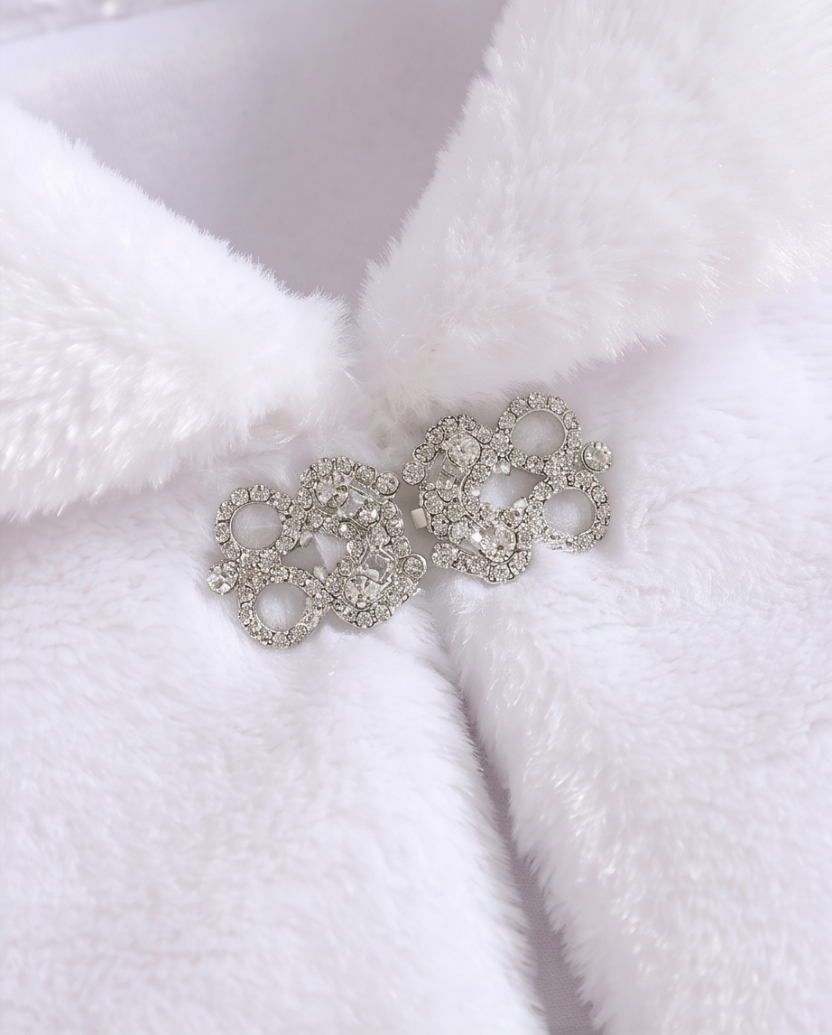 Silver brooch on a white fur background