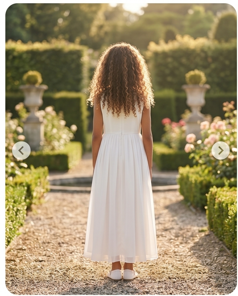 Girl in a white dress standing in a garden with manicured hedges and flowers.