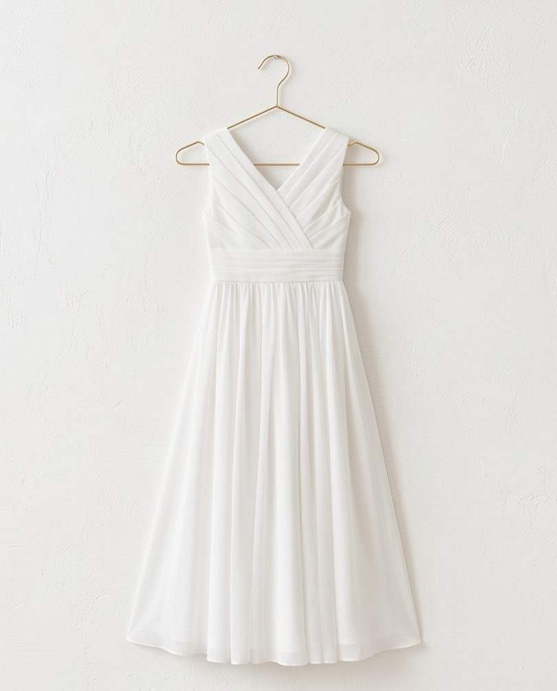 White dress on a hanger against a white background