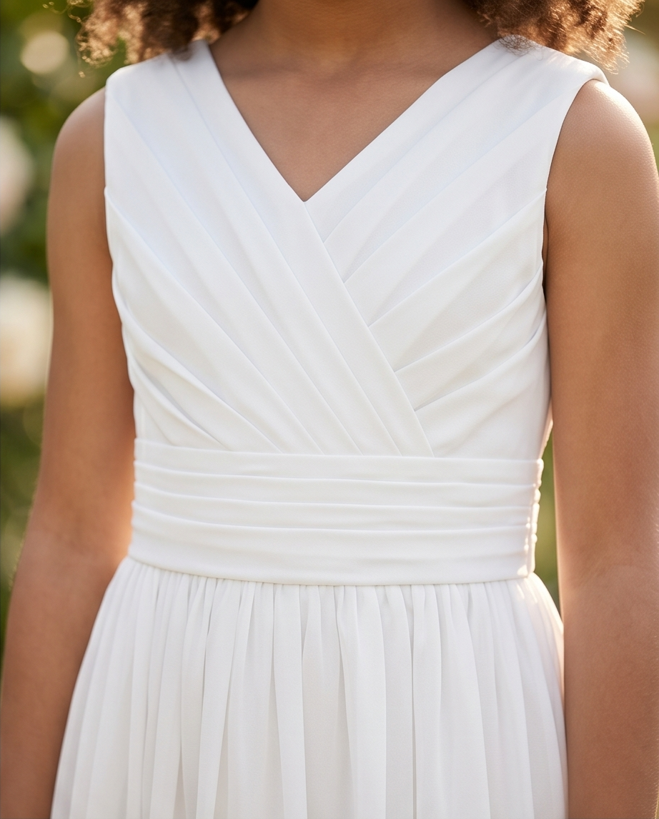 White dress worn by a person with a blurred natural background