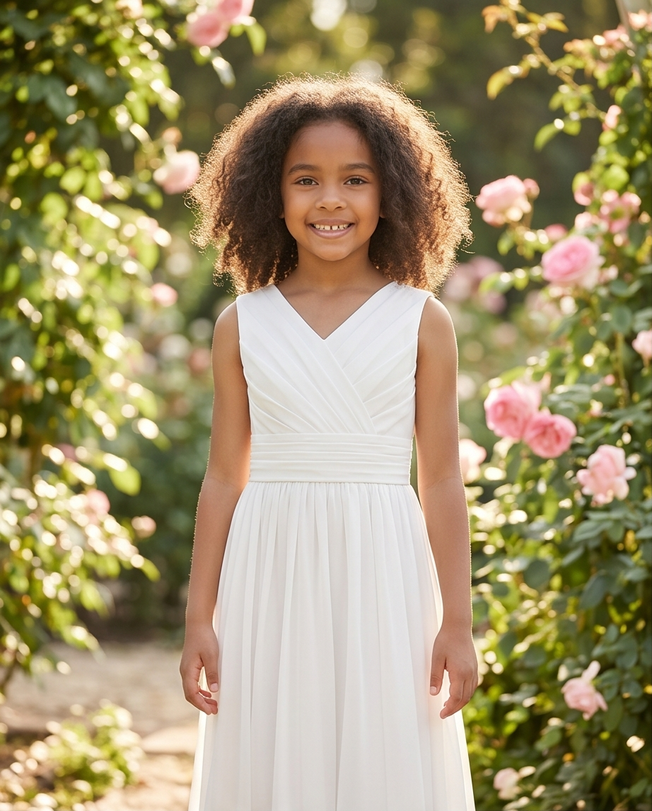 Young girl in a white dress standing in a garden with pink flowers