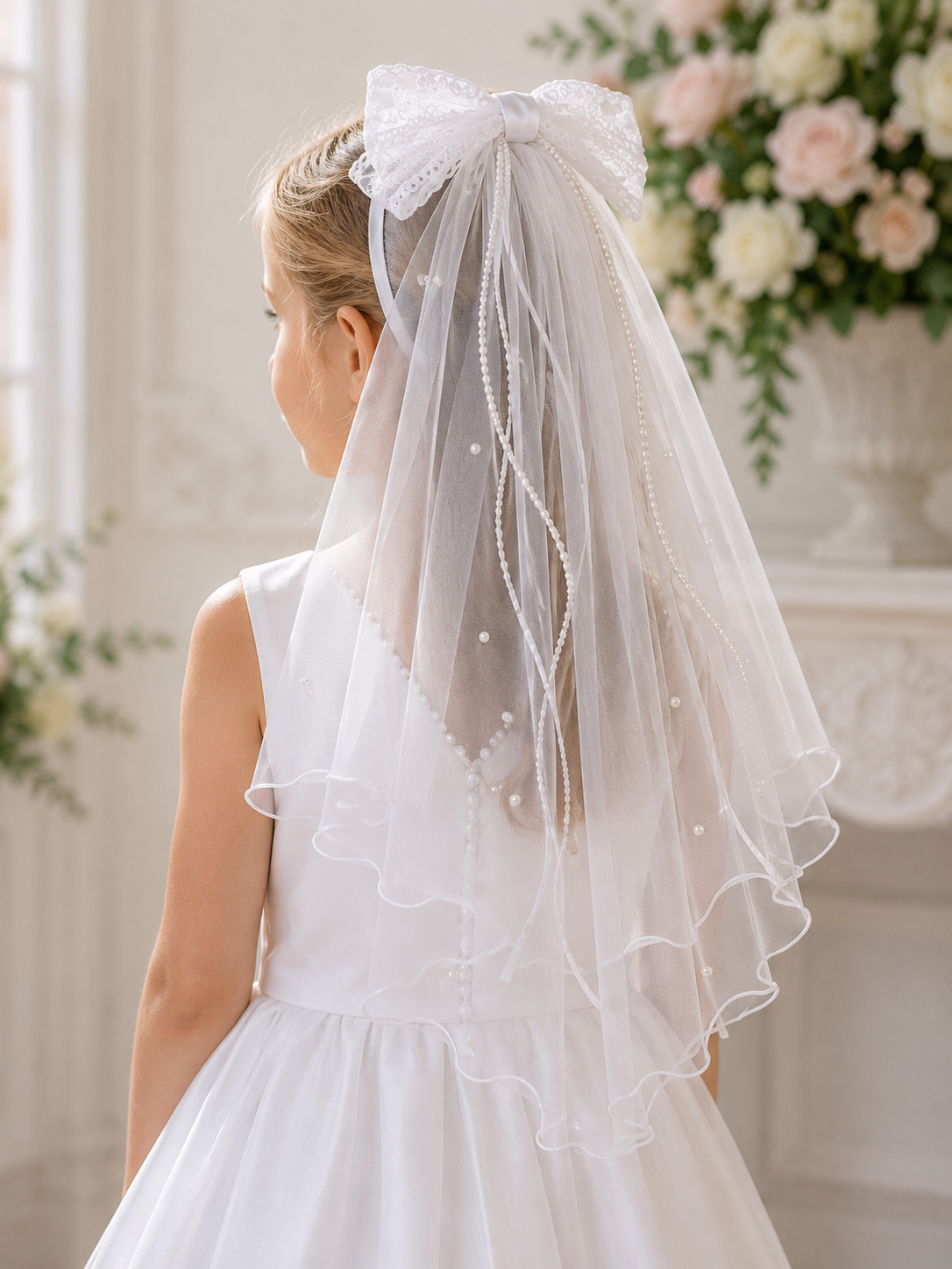 Young girl in a white dress with a decorative veil in a decorated room.