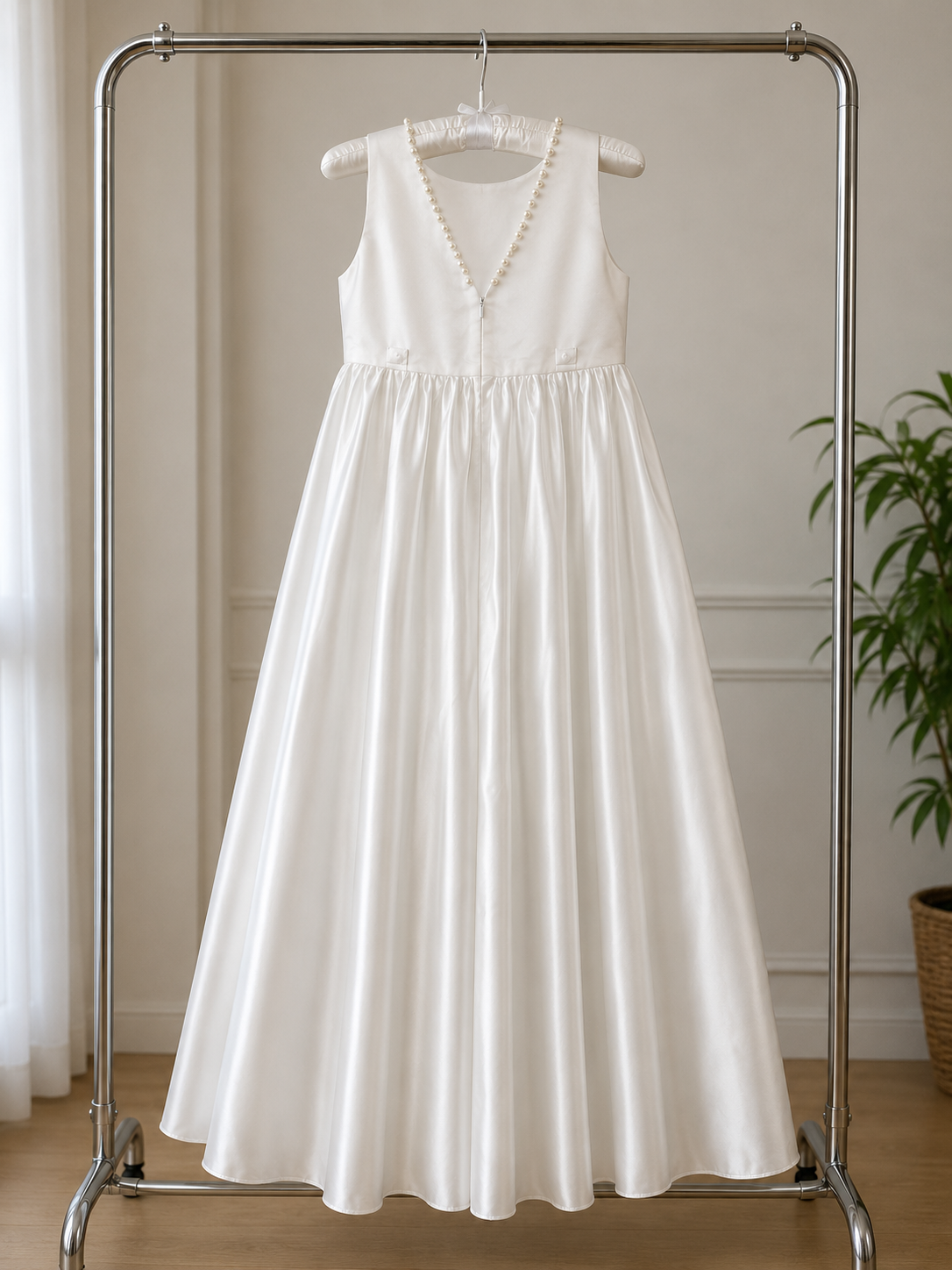 White dress hanging on a rack against a neutral wall.