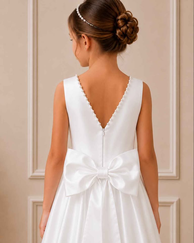 White dress with a large bow detail on a neutral background