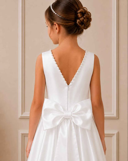 White dress with a large bow detail on a neutral background
