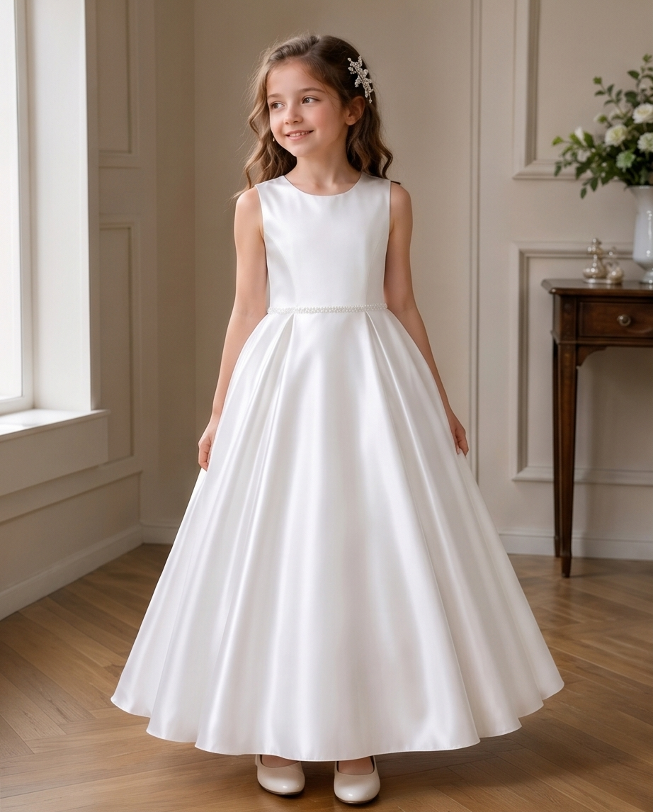 Young girl in a white dress standing in a room with wooden flooring and a fireplace.