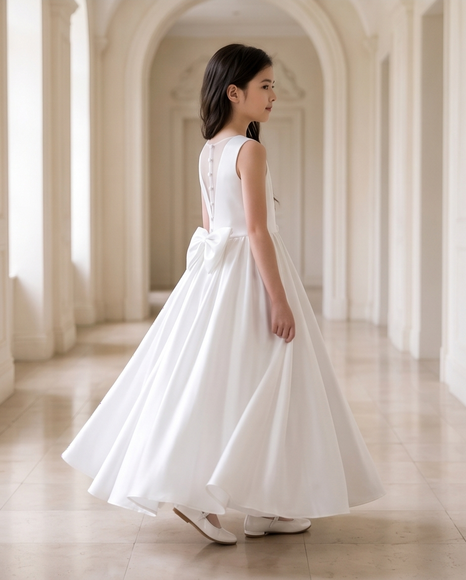 Girl in a white dress standing in an elegant hallway