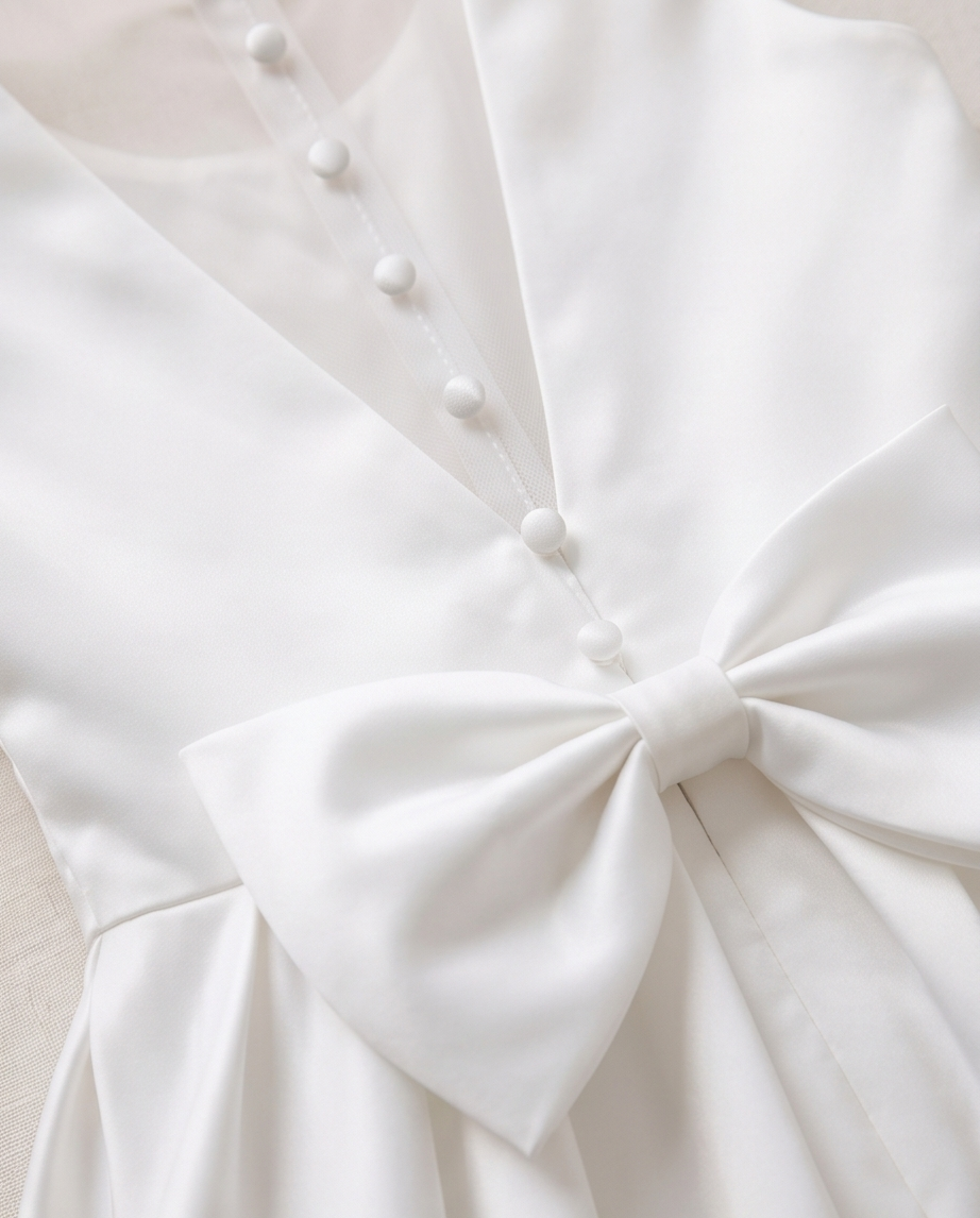 Close-up of a white blouse with a large bow and pearl buttons on a light background