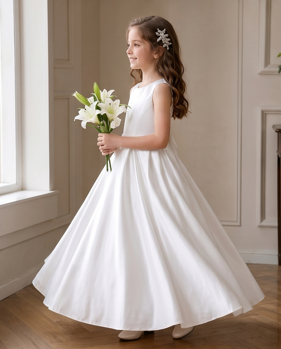 Young girl in a white dress holding flowers indoors.