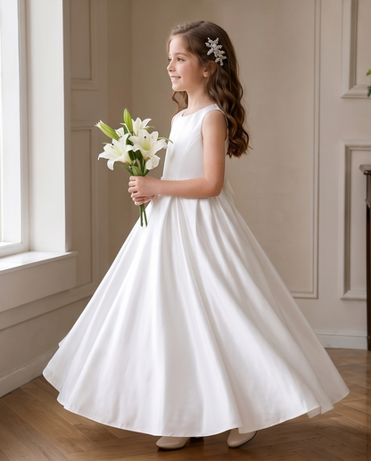 Young girl in a white dress holding flowers indoors.